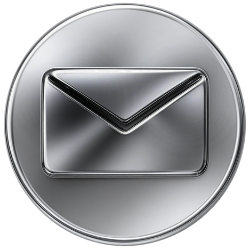 A metallic silver email envelope icon inside a circular button with a brushed metal finish.