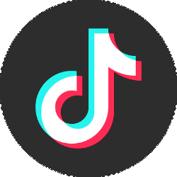 TikTok logo icon featuring a white musical note with cyan and red accents on a dark circular background.