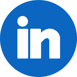 Official white LinkedIn logo set inside a blue circle icon for professional social media networking.