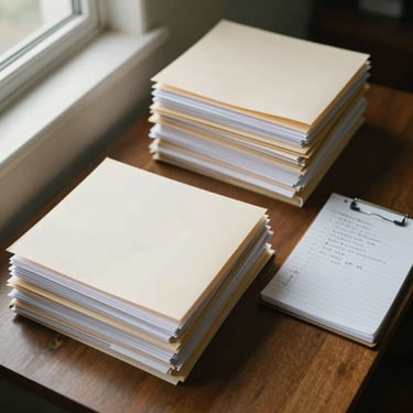 Overhead view of neatly organized legal case files and tabbed folders on a wooden desk, a notepad with handwritten annotations beside them, soft natural window light from the left, muted cream and brown tones, no people, quiet documentary feel