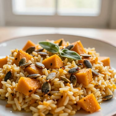 Overhead flat-lay of colorful vegetarian pumpkin risotto with toasted pumpkin seeds and fresh sage, warm natural light, shallow depth of field, 50mm