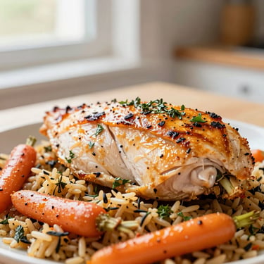Tight macro shot of golden roasted chicken breast stuffed with herbs, wild rice pilaf, and glazed baby carrots, soft daylight, 50mm