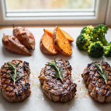 Overhead flat-lay of juicy grilled filet mignon medallions with rosemary, roasted sweet potatoes, and fresh broccoli under warm kitchen window light, 50mm