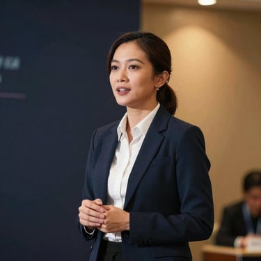 Portrait of an Indonesian corporate event strategist, dynamic expression, professional setting, warm lighting, square aspect