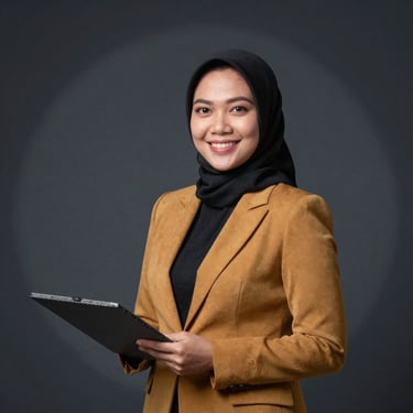 Portrait of an Indonesian female public speaking coach, smiling confidently, professional attire, slate and amber tones, square aspect