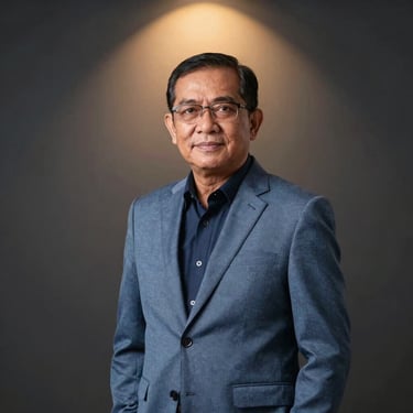 Portrait of a senior Indonesian male HR consultant in a slate blue blazer, looking confident, modern editorial photography, warm spotlighting, square aspect
