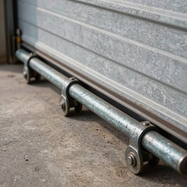 Close-up of weathered steel garage door tracks and heavy-duty steel rollers, industrial grit, natural light spilling from the side