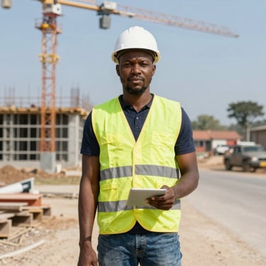 Confident woman in construction gear reviewing blueprints on a modern building site.