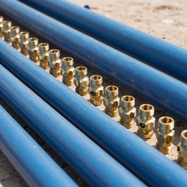 Organized rows of PVC pipes, brass plumbing fittings, and electrical conduits in a modern, clean distribution center