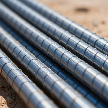 Macro photograph of high-grade TMT steel bar ribbed texture, metallic steel-blue tones, sharp focus, 35mm