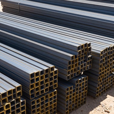 Polished heavy structural steel TMT bars stacked in a clean, high-volume warehouse, bright geometric alignment, industrial scale