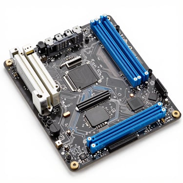 Clean studio photography of a high-performance computer motherboard, silicon pathways, electric blue accents, macro details.