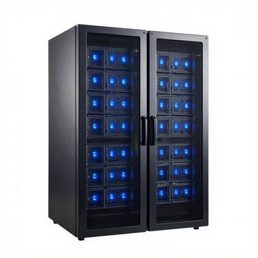 Clean studio photography of an enterprise server rack module, cool blue LED indicators, metallic finish, sharp focus.