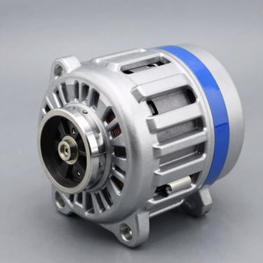Clean studio product photography of a pristine steel car alternator, bright cool white lighting, graphite background, sharp focus, macro details.