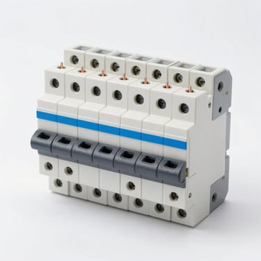 Clean studio photography of organized industrial copper wiring and circuit breakers, high-contrast corporate minimalism, sharp focus.