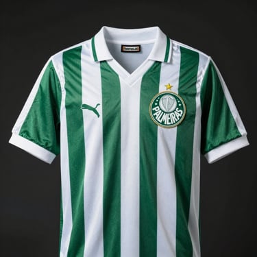 Front view of a retro 1993 Palmeiras soccer jersey, green with white stripes, classic Parmalat era, crisp details, dark background