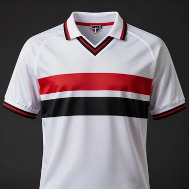 Front view of a retro 1992 São Paulo soccer jersey, white with red and black horizontal stripes, classic collar, crisp details, dark background