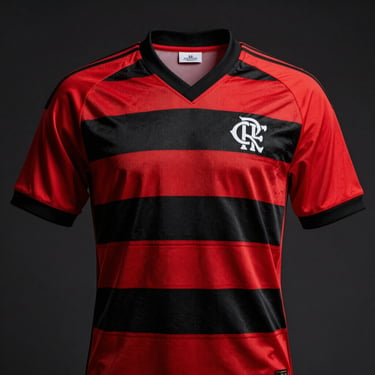 Front view of a retro 1980 Flamengo soccer jersey, red and black stripes, classic collar, crisp details, dark background