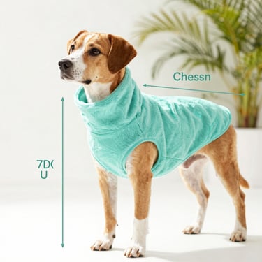 Diagram showing how to measure a dog for clothing, highlighting neck, chest, and back length, clean graphic style with soft teal accents, clear and friendly visual guide.