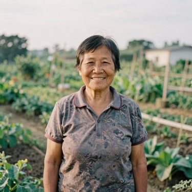 Portrait of an older Asian woman smiling warmly, standing in a community garden, soft overcast daylight, 35mm film style.