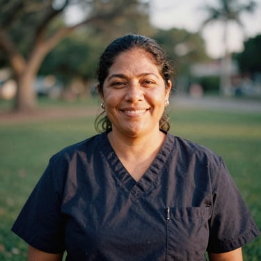 Portrait of a warm, smiling Latina community health worker in her 40s, outdoor park setting, soft natural golden-hour light, 35mm film style.