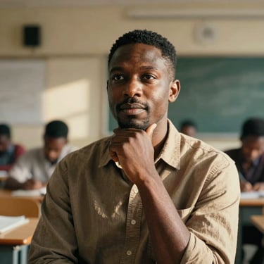 Portrait of a thoughtful Black male educator in his 30s, warm sunlit classroom background, soft natural light, 35mm film style.