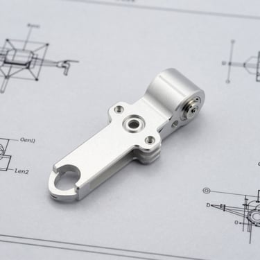 Overhead flat-lay of a heavy-duty aluminum drone bait release mechanism on a grey technical blueprint, sharp industrial product photography, bright studio lighting