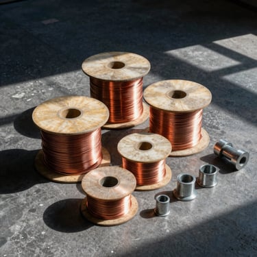 Industrial raw materials, copper wire spools and steel components arranged neatly on a dark concrete floor, high-contrast architectural shadows
