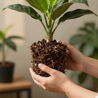 Hands of a specialist nurseryman inspecting the root ball of a mature specimen plant, rich organic soil, warm diffused light.