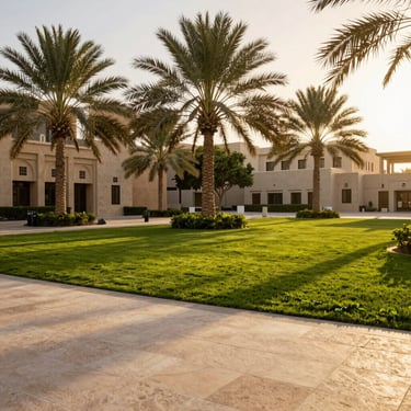 A lush green courtyard in Dubai during golden hour, mature palms casting long architectural shadows on travertine.