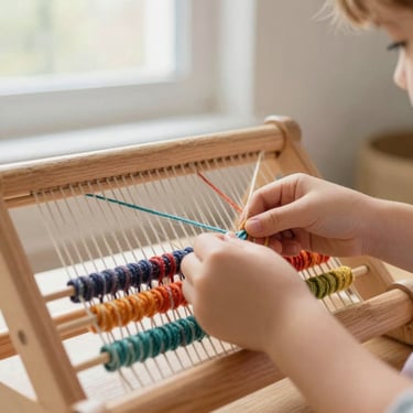 Child's hands weaving colorful yarn through a wooden loom kit, bright natural light.