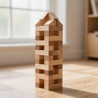 Precision-cut wooden building blocks stacked into a minimalist architectural tower, soft shadows.