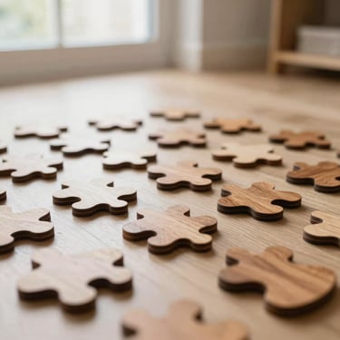 A beautifully organized flat-lay of wooden puzzle pieces in organic shapes, soft daylight.