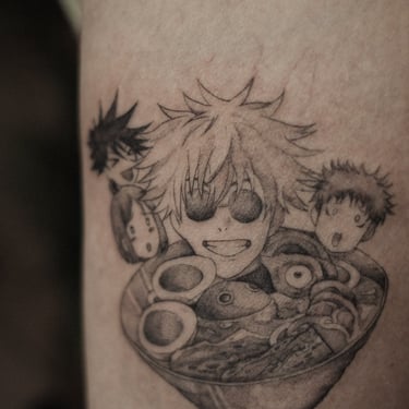 Tatouage Manga Jujutsu Kaisen Ramen réalisé par Margot Dubs Tattoo
