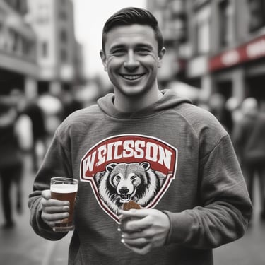 A lively group of friends cheering with cold beers inside a cozy historic sports bar.