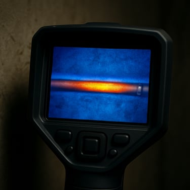 Close-up of a digital thermal imaging screen detecting a temperature variance along a copper pipe behind a wall, high-tech diagnostic tool.
