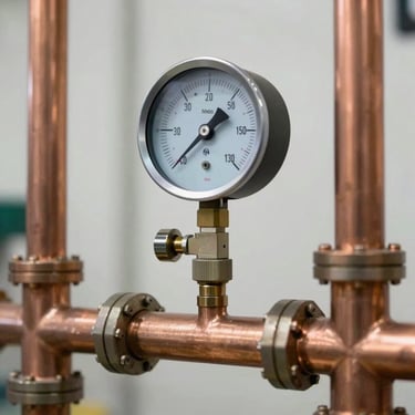 A technical pressure gauge attached to a copper manifold system, showing precise calibration readings under bright workspace lighting.