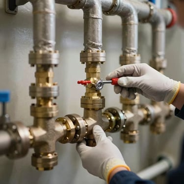 A clean, organized commercial plumbing system with insulated pipes and brass valves, highlighting high-standard maintenance work.