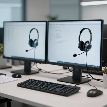 A clean, modern office workspace with high clarity, showing a secure dual-monitor setup with professional headsets, soft cool lighting.