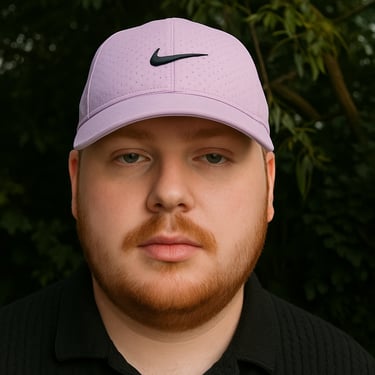 a man with a purple hat and a purple hat