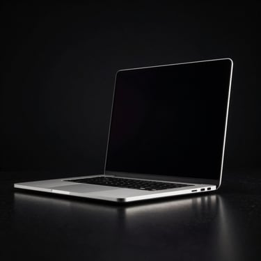 Sleek open MacBook on a dark reflective surface, dramatic rim lighting, black background
