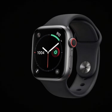 Apple Watch Series 9 midnight aluminum case, active screen showing heart rate monitor, dark studio lighting