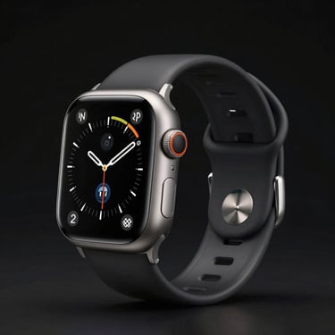 Apple Watch Ultra with rugged titanium case, active screen showing compass, dark studio background, sharp reflections