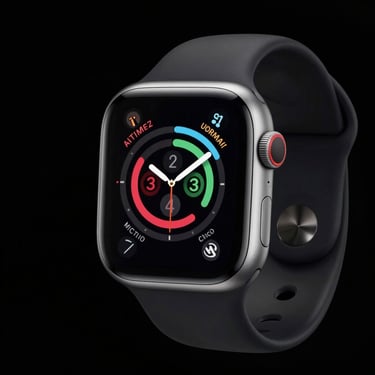 Apple Watch SE starlight aluminum case, active screen showing activity rings, clean dark background