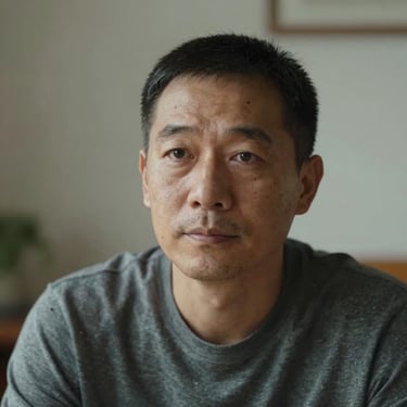 Close-up portrait, soft indoor light, a man in his mid-50s seated, calm direct expression, neutral background — documentary, candid, no dramatic lighting