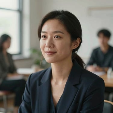 Close-up portrait, natural window light, a woman in her late 20s seated, genuine relaxed expression, consultation room softly out of focus behind her — candid, not posed