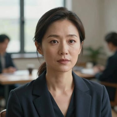 Close-up portrait, natural window light, a woman in her late 30s seated, looking directly at camera with a calm expression, consultation room background softly blurred — genuine, not staged