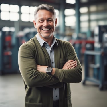Portrait of a middle-aged man smiling confidently in a factory setting.