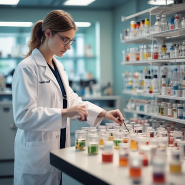 Photo of a woman in a lab coat reviewing chemical samples in a bright laboratory.
