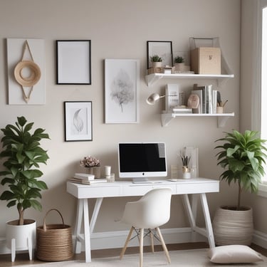 A cozy workspace with soft violet and white tones, featuring a notebook and a cup of tea.